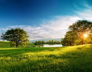 Beautiful view of meadow and amazing trees in a beautiful place, sunset, lake with blue sky; natural landscape; soft focus photo 