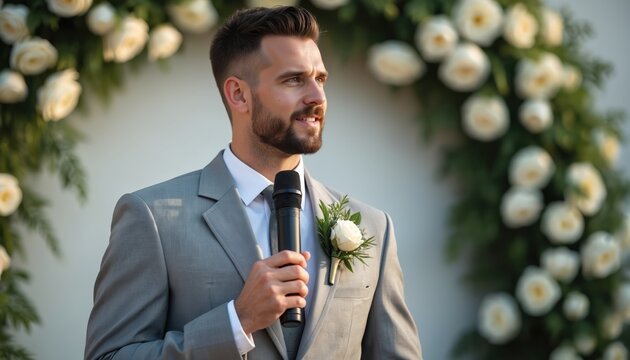 Man in grey suit holds microphone near floral wedding arch. He speaks at a ceremony or reception event, dressed formally with a boutonniere. Captures wedding speech and announcement moment.