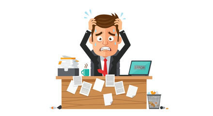 Stressed Cartoon Businessman Overwhelmed by Work at Messy Office Desk.