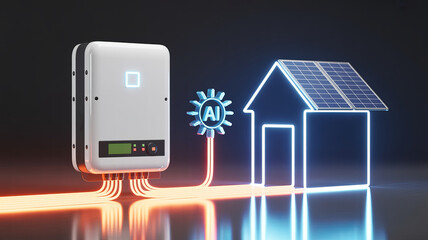 Fototapeta premium AI-Powered Solar Energy: A digital depiction showcases the future of sustainable living, featuring an AI-integrated solar panel system, illuminating a home with eco-friendly power