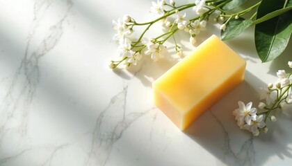 Yellow soap bar rests beside delicate white blossoms and green leaves on a marble surface. Natural bathing product offers gentle skin care and a fresh clean scent for daily hygiene.