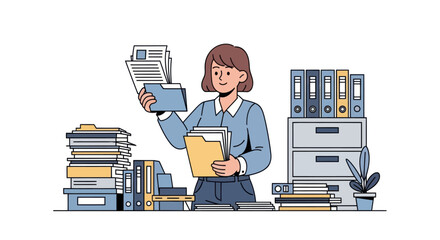 Woman organizing and managing paperwork holding files and documents in an office setting.