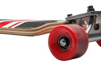 Extreme macro close-up of a longboard skateboard deck's underside, revealing a pale wood core, vibrant red/white graphic, matte black pattern, red wheel, and silver truck, isolated on gray background