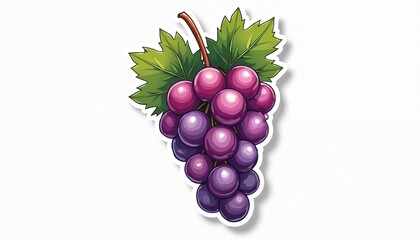 Cluster of ripe purple grapes with green leaves and vine stem, illustrated like a sticker with shadow. Fresh juicy fruit looks glossy and realistic, good for healthy food designs.