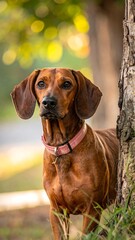 A reddish-brown dachshund stands alertly, partially obscured by a tree trunk and grass