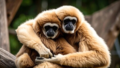 Obraz premium Two light brown gibbons hug affectionately with a blurred green background