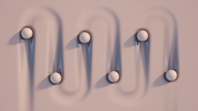 Abstract seamless 3D animation of brown spheres moving in zigzag patterns across soft textured surface, leaving fading trails, perfect for modern creative projects, branding, and clean backgrounds