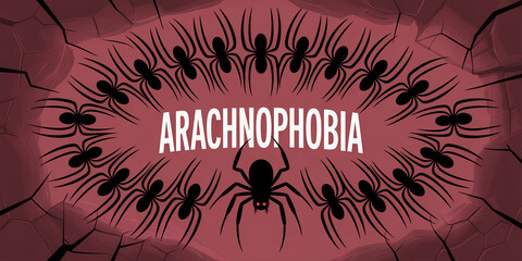 Obraz premium Arachnophobia: A chilling artistic illustration of a single spider amidst the word Arachnophobia is designed to evoke unease and discomfort. 