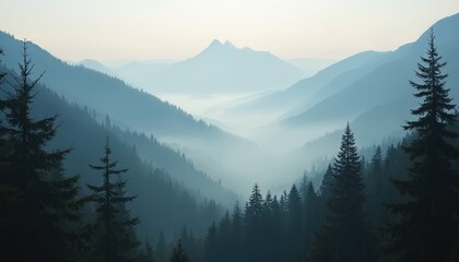 Misty valley at sunrise with evergreen trees and layered mountains receding into soft blue haze. Calm, quiet, peaceful dawn over forest landscape. Serene nature background.