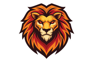 Fierce lion head glares forward with fiery orange mane and piercing red eyes