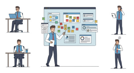 Man Presenting Project Plan on a Digital Board with Various Poses.