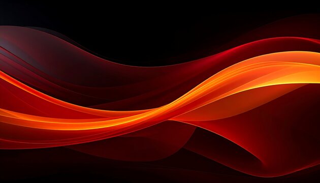 A dynamic, fiery abstract design featuring fluid, ribbon-like forms in vibrant shades of red, orange, and gold, against a deep black backdrop