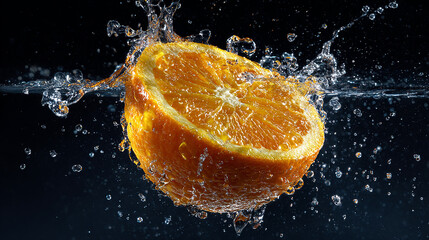 Fresh orange slice splashing into water against a dark background
