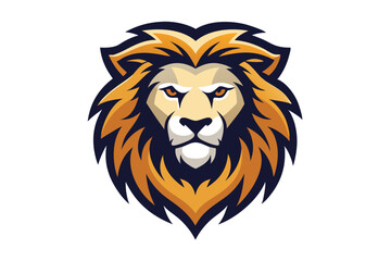 Powerful lion head features golden mane and piercing orange eyes on a white backdrop