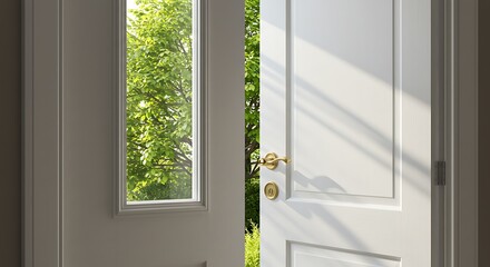 Fototapeta premium The light shines on the white door. When look outside, there is a green tree. Look so refresh.