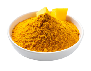 Small wooden bowl of mango powder isolated on a clean white background.
