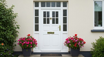 White front door with small square decorative windows and flower pots
