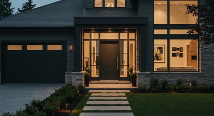 Designer entrance door to a country house. Modern design. luxurious exterior. Facade of a modern building with modern doors