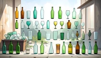 Varied collection of empty clear, green and amber glass bottles and glasses outside