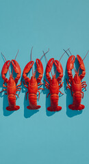 Row of red crawfish on a blue background