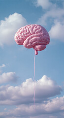 Brain balloon floating in the sky, concept of creative thinking and imagination