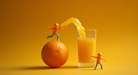 Miniature people making orange juice on yellow background