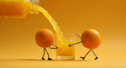 Miniature people making orange juice on yellow background
