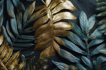 Elegant arrangement of golden and blue painted leaves on a dark backdrop