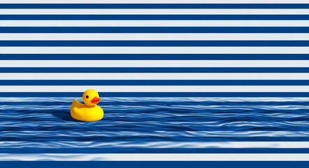 Yellow rubber duck floats on blue striped water background with waves