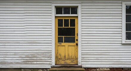 Fototapeta premium Yellow wooden entrance door with partial rectangular glazing in a old white clapboard house