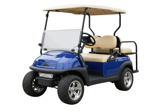Blue golf cart isolated on transparent background, electric vehicle for recreation and transportation