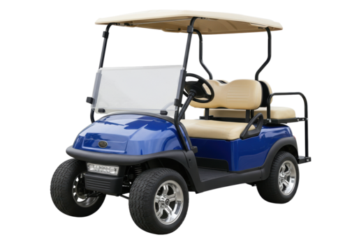 Blue golf cart isolated on transparent background, electric vehicle for recreation and transportation - Powered by Adobe