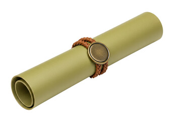 Rolled parchment paper isolated on white, tied with leather cord and metal medallion