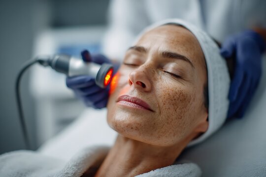 A woman receiving an intense red light therapy (RLT) or photo rejuvenation treatment on her face in a clinical setting, symbolizing advanced skincare, anti-aging, and cosmetic procedure.