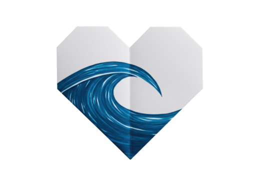 Heart shaped paper with blue wave isolated on transparent background, origami art