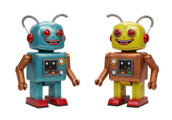 Two colorful retro toy robots isolated on transparent background, vintage mechanical toys