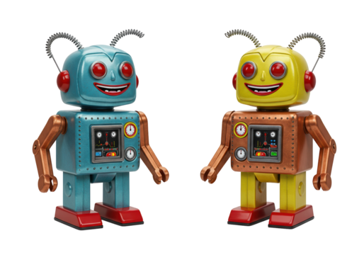 Two colorful retro toy robots isolated on transparent background, vintage mechanical toys