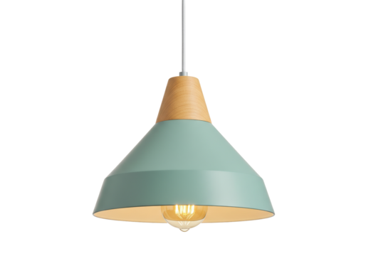 Modern mint green pendant light isolated, wood and metal hanging lamp for interior design