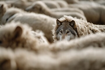 A cunning wolf disguised in sheep's wool, blending into a flock, symbolizing deception, hidden danger, betrayal, and the idiom 