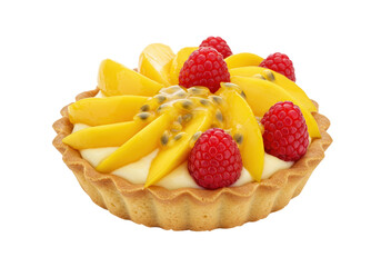 Delicious fruit tart with mango, passion fruit, and raspberries isolated, gourmet dessert pastry