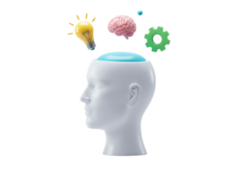Human head with light bulb, brain, gear, and sphere isolated, concept of ideas and innovation