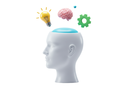 Human head with light bulb, brain, gear, and sphere isolated, concept of ideas and innovation - Powered by Adobe