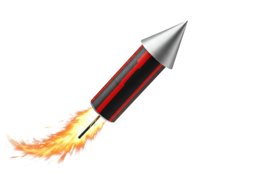 Black and red firework rocket PNG isolated on transparent background, celebration and festive design element