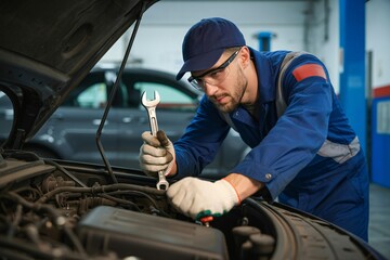 Mechanic wearing blue uniform and safety glasses working on a car engine with a wrench in hand