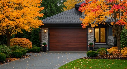 Obraz premium Garage door in luxury house with trees and nice landscape in Fall in Vancouver, Canada, North America. Day time on November 2024.