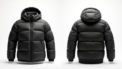 Black hooded puffer jacket front and back view isolated on white. Warm winter coat with zip, suitable for ski and outdoor activities. Fashionable outerwear for cold weather.