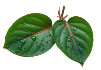 Two green leaves with red veins and water droplets isolated on transparent background, botanical element