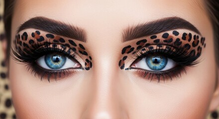 Naklejka premium Striking leopard print eyelid makeup with bright blue eyes and full lashes captivating gaze