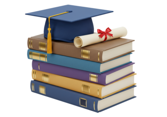 Graduation cap and diploma on stack of books isolated, academic achievement concept