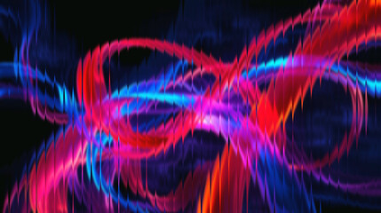 Vibrant electric energy flows through a dark abstract digital art background with swirling neon pink and blue light trails